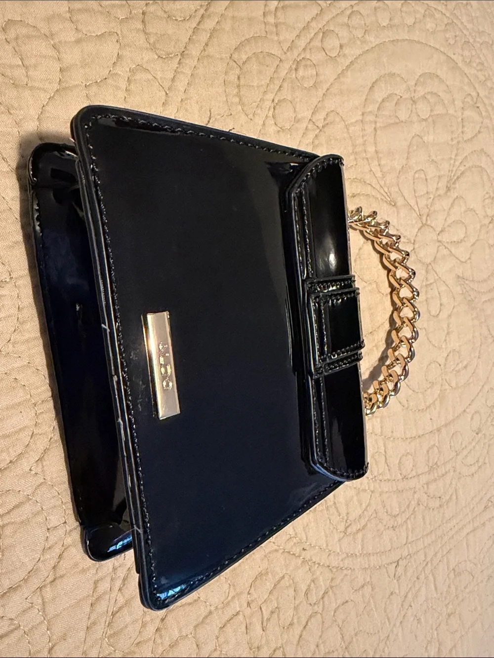 Aldo Lottum Black Patent Wristlet Clutch with Gold Chain